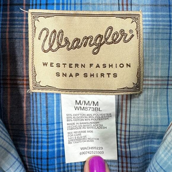 Wrangler Men's Blue Plaid Pearl Snap Button Western Shirt Medium Long Sleeve - Picture 5 of 5